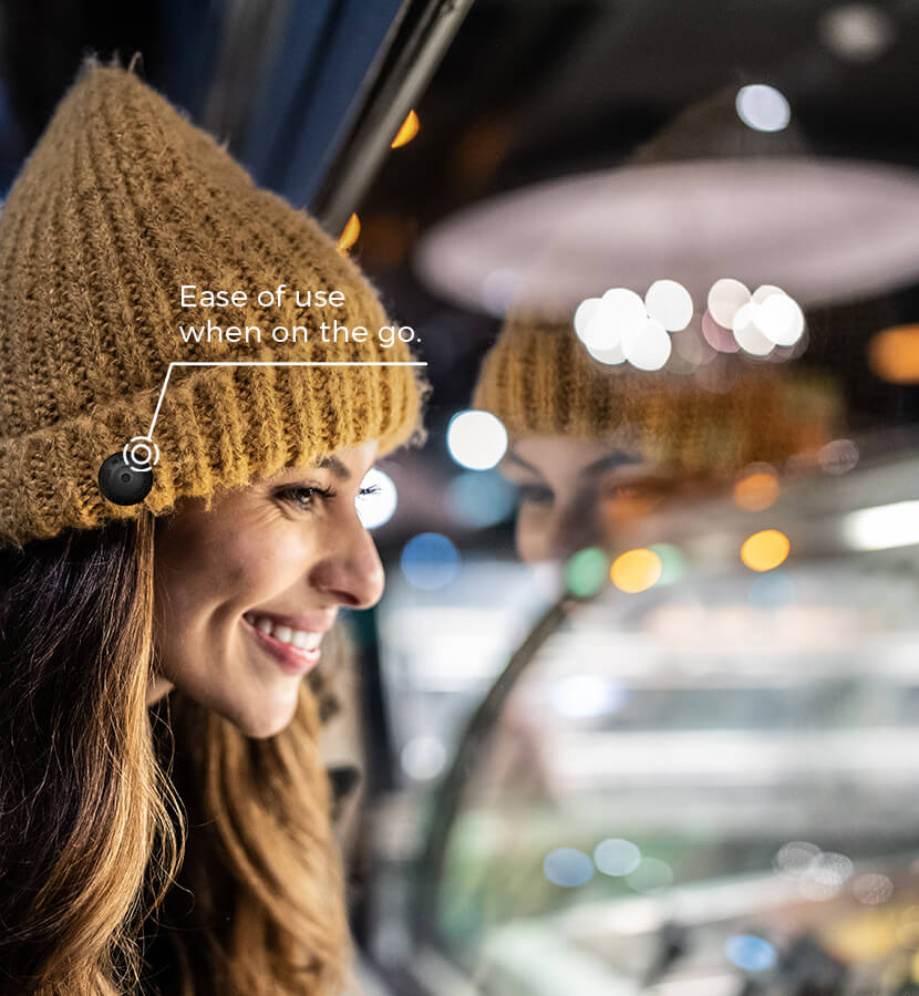 Woman wearing Beanie Buttons on her warm winter hat